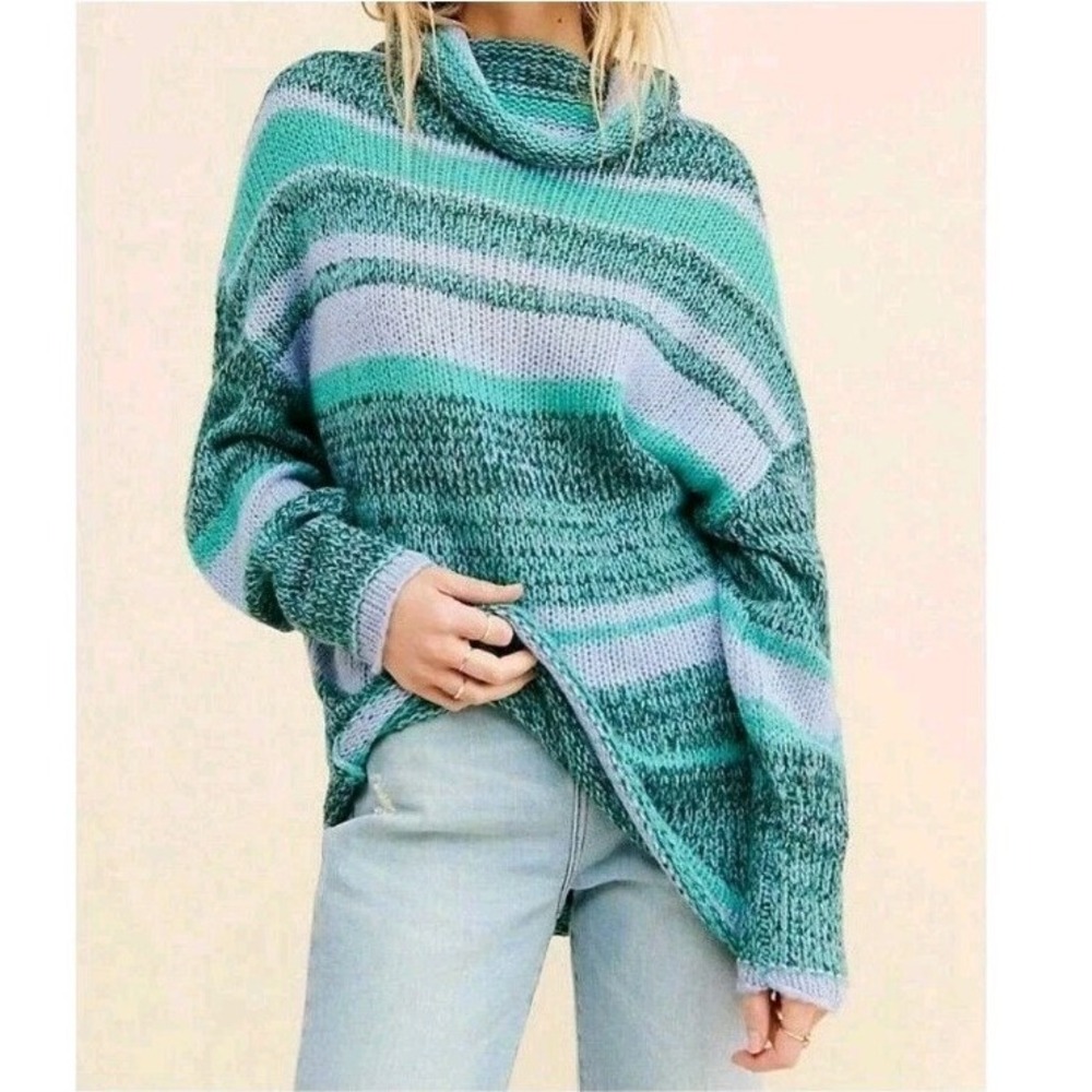 Free People Blue Candy Stripe Cowl Neck Wool Alpaca Tunic Sweater Size Medium